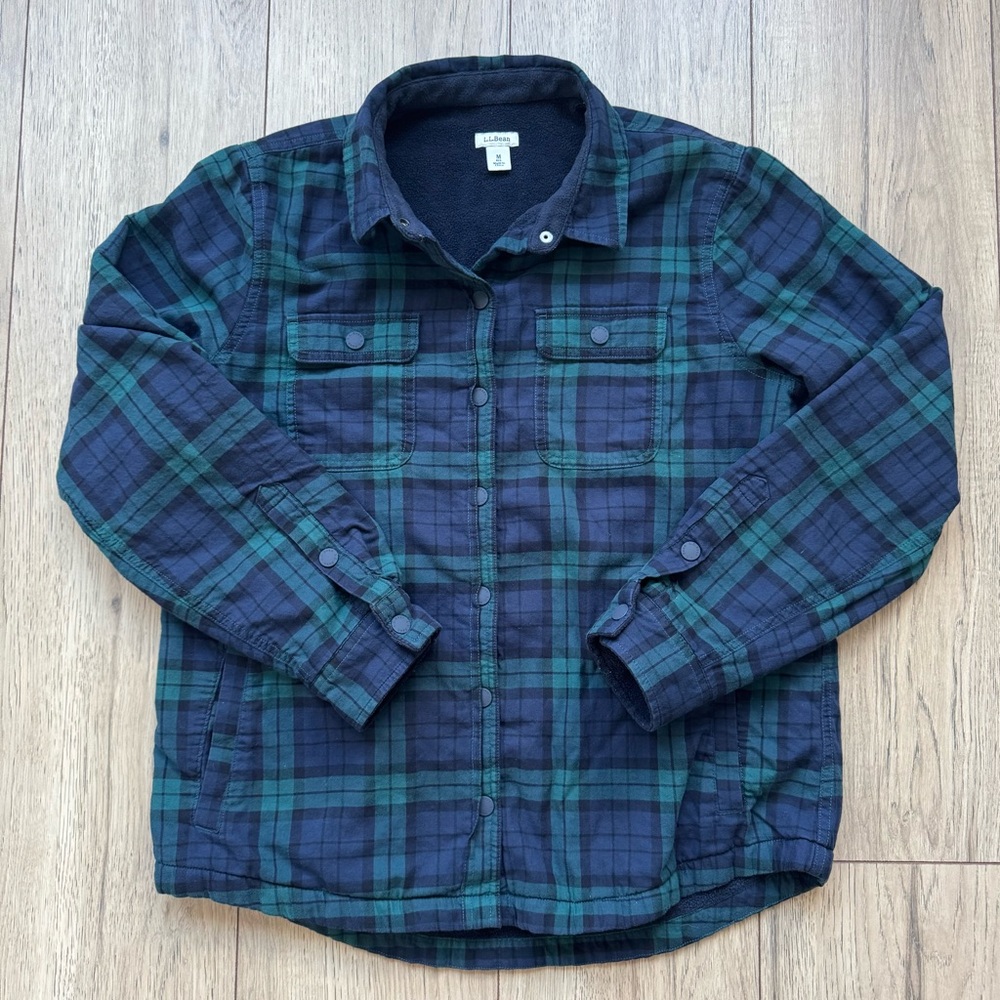 LL Bean Blackwatch Plaid Fleece Lined Shirt Jacket Mens Medium Snap Front